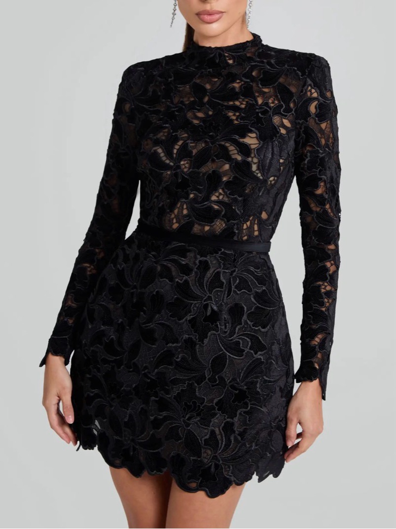 Long-Sleeve Lace Overlay Cocktail Mini Dress